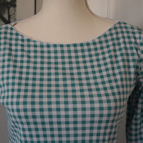 Lands' End Green White Gingham Three-Quarter Sleeve Cotton Top - Picture 2 of 7